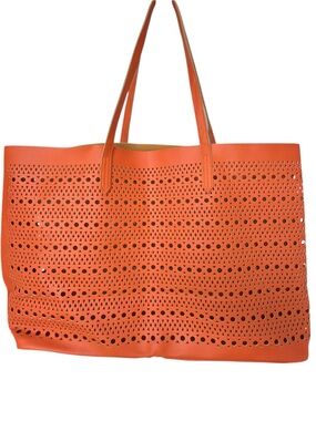 Saks Fifth Avenue Orange Geometric Perforated Lightweight Tote Bag Purse.